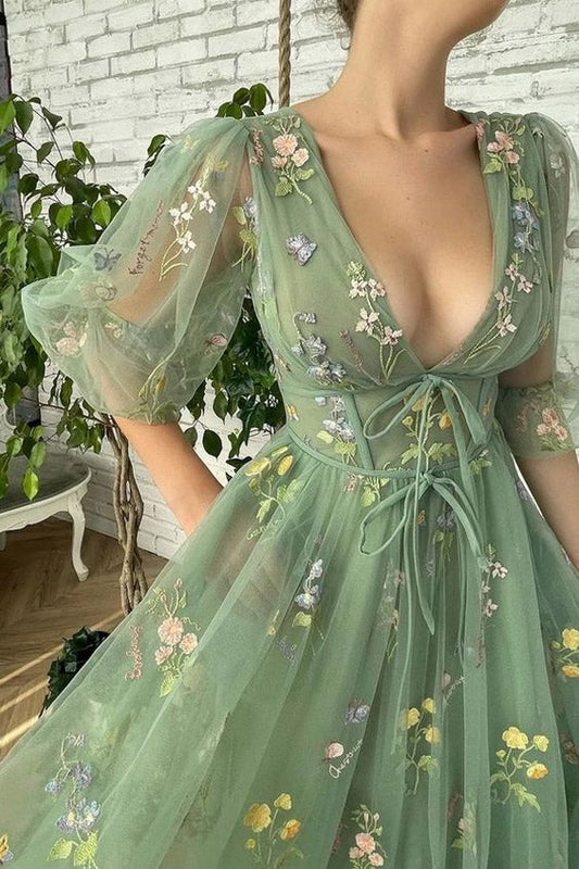 Elegant V Neck Green Tea Length Prom Dresses     S1630