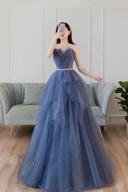 Blue sweetheart neck tulle long prom dress blue tulle formal dress     S885