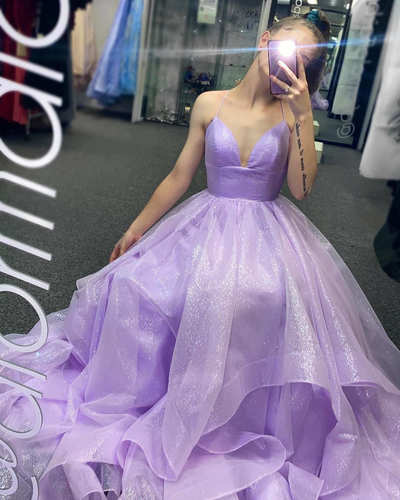 Sparkle Halter Lavender Tiered Long Prom Dress     S1932