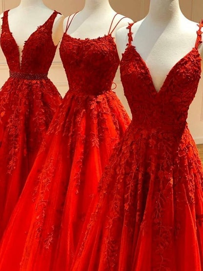 A-Line Red Appliqued Long Prom Dress     S1559