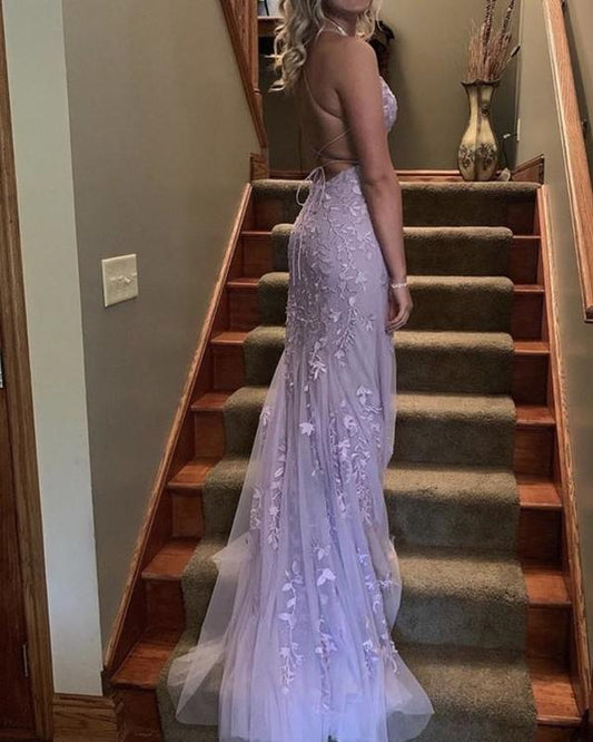 Mermaid Backless Purple Lace Long Prom Dresses, Mermaid Purple Formal Dresses,Purple Lace Evening Dresses  S1788