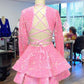 Pink Cocktail Dresses A-Line V-Neck Long Sleeve Shiny Sequin Homecoming Dresses    S2033