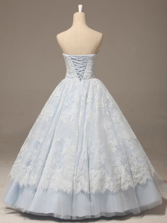 Baby Blue Prom Dress Strapless A-line Lace Applique Quinceañera Dress     S1876