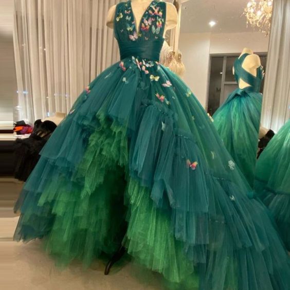 Green Tulle Ball Gown Layered Evening Dress Floor Length High Low Dress With Butterfly Cross Prom Dress Floor Length Dress  S1648