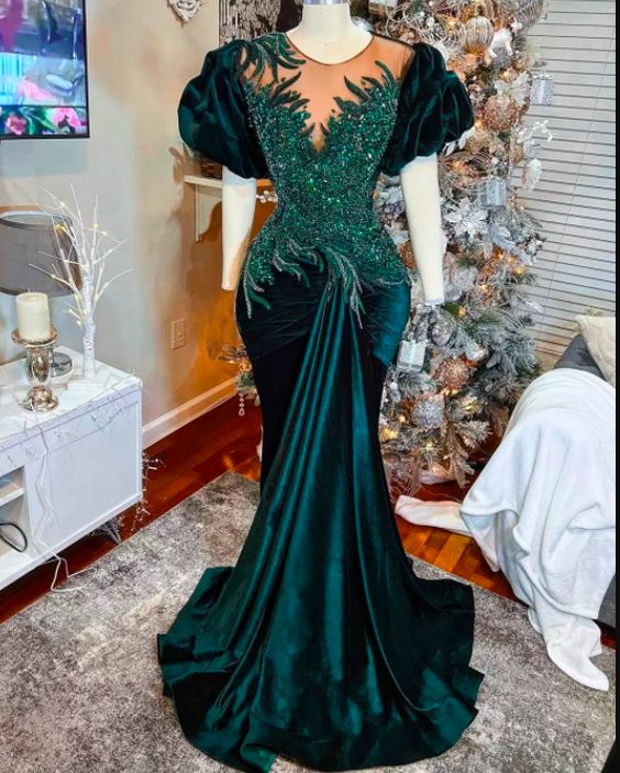 Green prom dresses, sequins prom dresses, mermaid prom dresses, short sleeve prom dresses    S1165