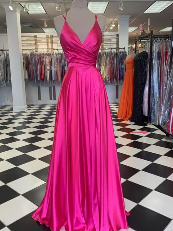 Fuchsia A-Line Elastic Satin Ruched Bodice Long V-Neck Prom Dresses     S835