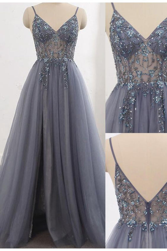 A-Line Beaded Tulle V Neck Prom Dresses Formal Evening Gowns      S1069