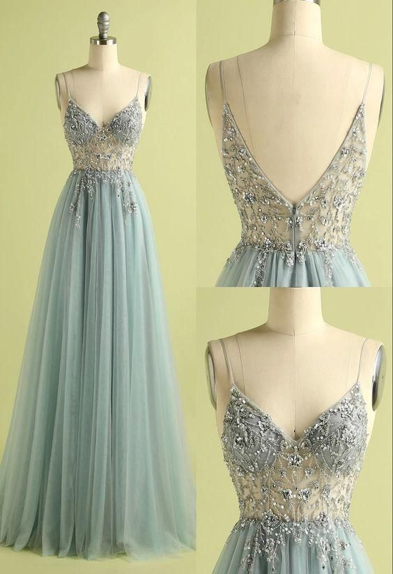 Vintage Prom Dresses, V-neck Slit Tulle Dress     S926