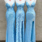 Glitter Sky Blue Sequins Long Prom Dress with Flower Appliques      S1046