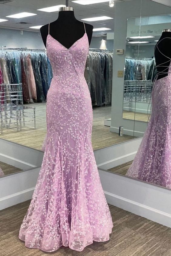 V Neck Backless Mermaid Purple Lace Long Prom Dress, Mermaid Purple Formal Dress, Purple Lace Evening Dress    S1985