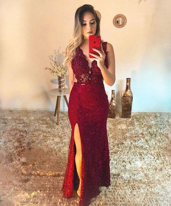 Long Evening Dress Burgundy Prom Dresses With Slit    S1753