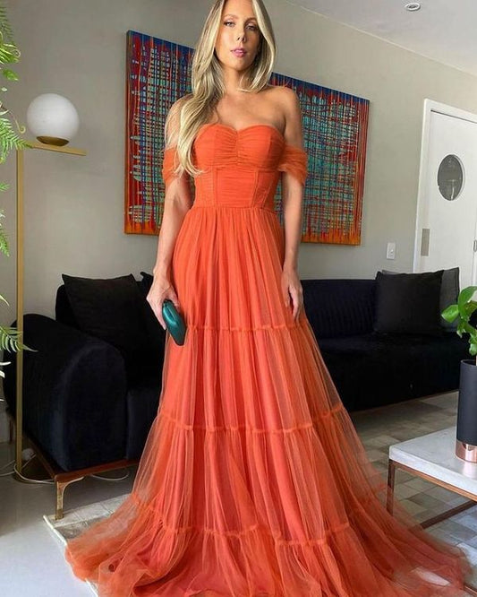 Elegant Off the Shoulder Orange Tulle Long Evening Dresses, Formal Dresses     S1957