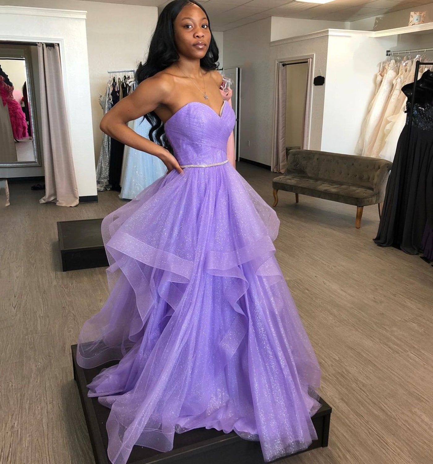 PURPLE TULLE LONG A LINE PROM DRESS PURPLE EVENING DRESS    S1706