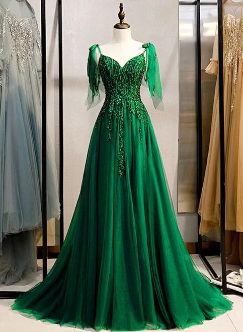 A-Line Sleeveless Beaded Green V-Neck Prom Dress       S2131