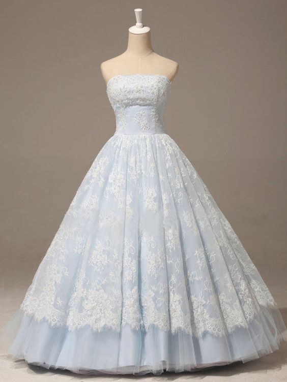 Baby Blue Prom Dress Strapless A-line Lace Applique Quinceañera Dress     S1876