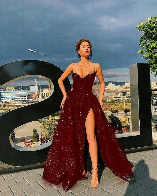 Sequins Burgundy V-neck Long Prom Dresses   S1549