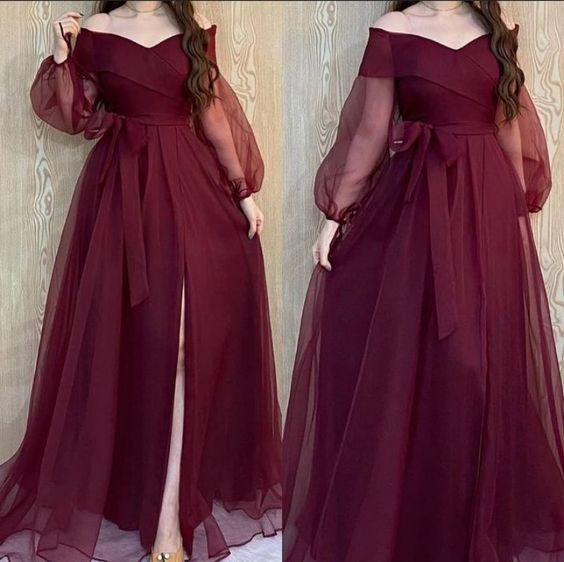 A-Line Burgundy Evening Dresses Long Tulle Prom Dress  S1243