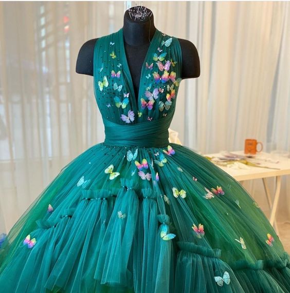 Green Tulle Ball Gown Layered Evening Dress Floor Length High Low Dress With Butterfly Cross Prom Dress Floor Length Dress  S1648