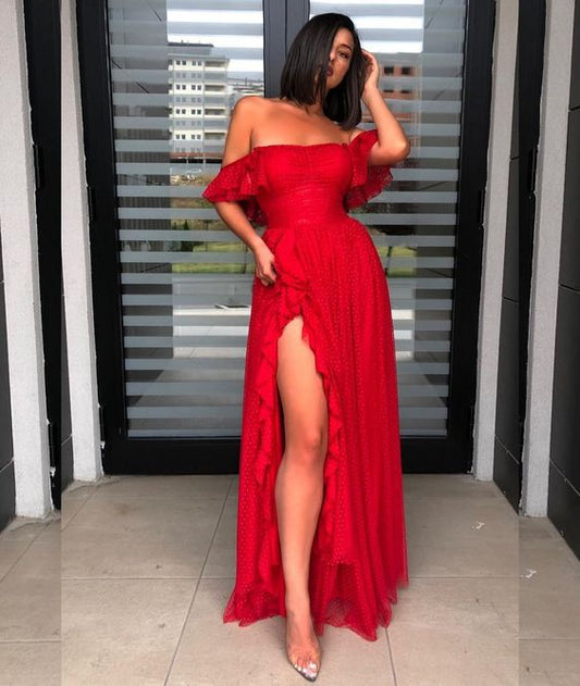 Off The Shoulder Split Long Prom Dresses With Side Slit    S2089