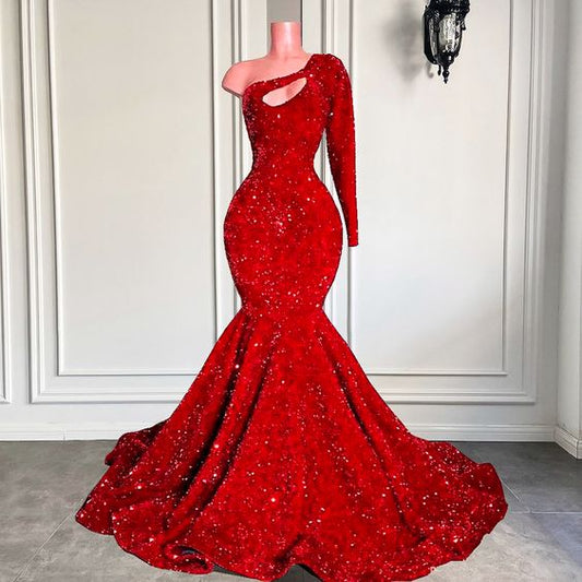 arabic prom dresses, sequins prom dresses, one shoulder prom dresses, red evening dresses      S1961