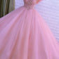 Long Ball Gown Prom Dress, Quinceanera Dresses, Pink Lace Appliques Dress   S1839