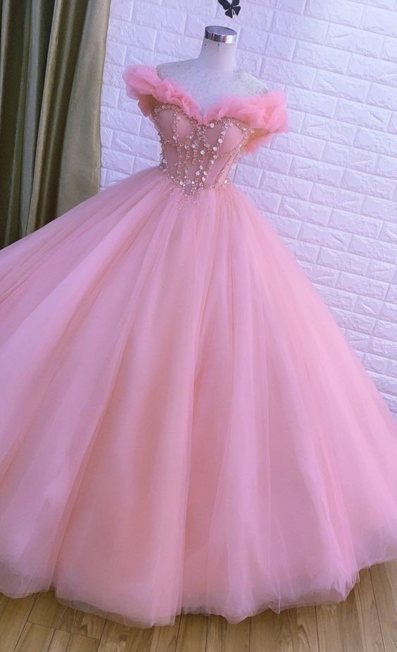 Long Ball Gown Prom Dress, Quinceanera Dresses, Pink Lace Appliques Dress   S1839