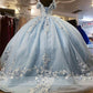 Baby Blue Off Shoulder Quinceanera Dresses Beaded 3D Flowers Ball Gown Sweet 16    S1835