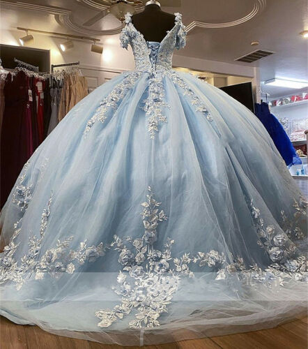 Baby Blue Off Shoulder Quinceanera Dresses Beaded 3D Flowers Ball Gown Sweet 16    S1835