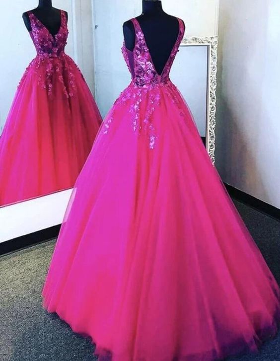 Hot Pink Tulle Lace Backless Floral Formal Prom Dresses     S1529