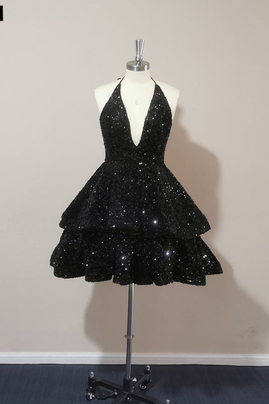 Tiered Halter Sequined Short Homecoming Dress    S2236