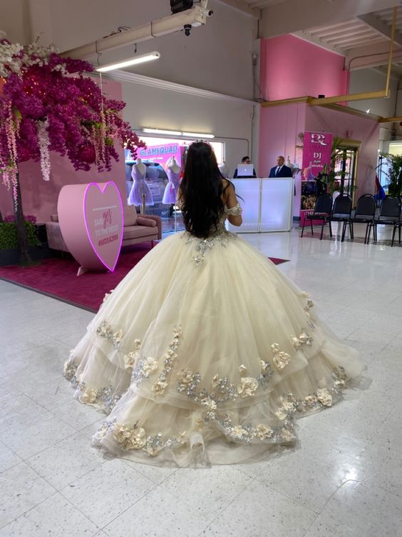 Champagne quince dress with flowers corest sweet16 dress off the shoulder ball gown    S2316