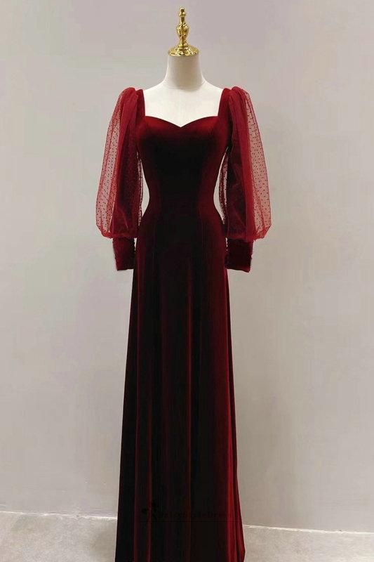 Modest Long Sleeve Deep Red Velvet Evening Dress   S1877