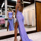 Sparkly Sheath V Neck Lavender Sequins Long Prom Dresses with Beading      S2301