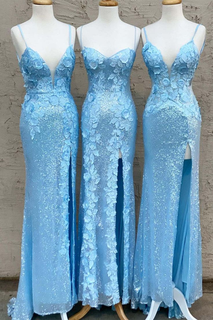 Glitter Sky Blue Sequins Long Prom Dress with Flower Appliques      S1046