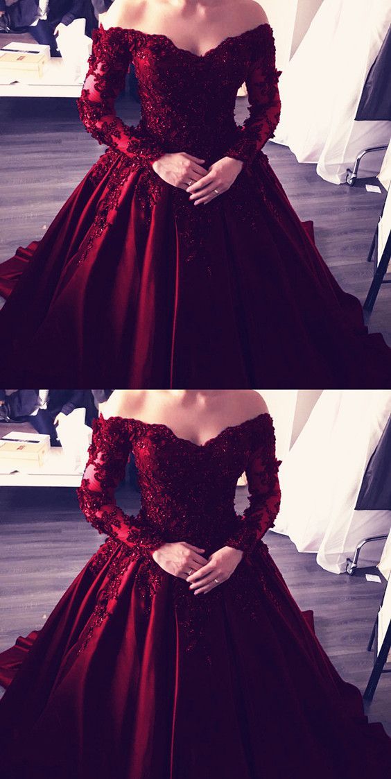 Lace Long Sleeves V-neck Off The Shoulder Satin Wedding Dresses Ball Gowns For Bridal Party    S1321