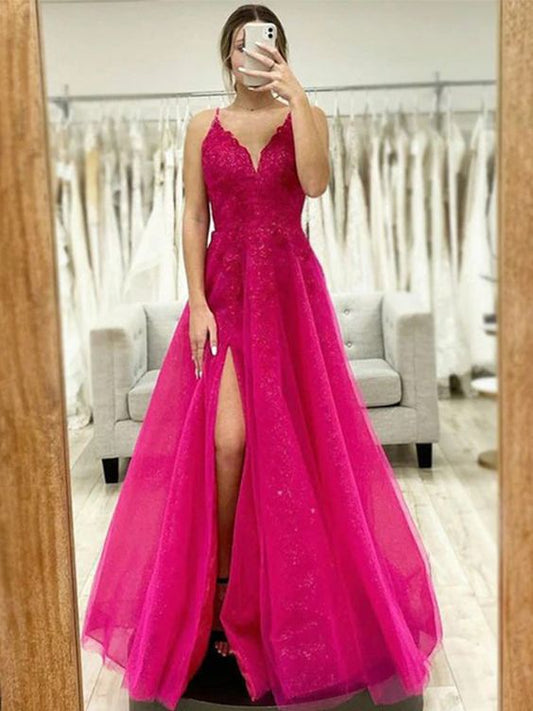 spaghetti straps v-neck sparkly side-slit a-line long lace top prom dress      S1316