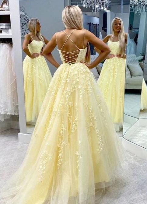 A Line Yellow Tulle Long Prom Dress with Lace       S2130