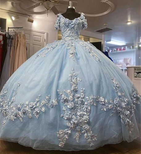 Baby Blue Off Shoulder Quinceanera Dresses Beaded 3D Flowers Ball Gown Sweet 16    S1835