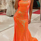 Spaghetti Straps Orange Mermaid Long Formal Dress   S1649