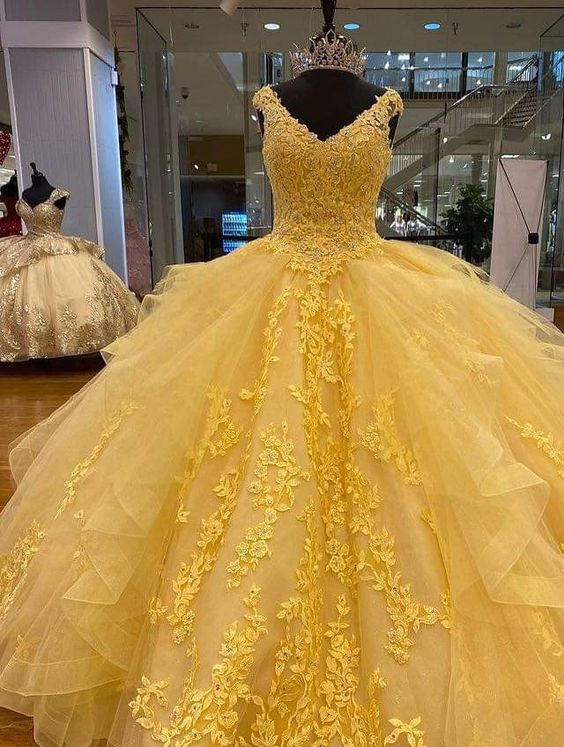 Yellow Ball Gown Prom Dresses Lace Evening Formal Party Prom Dress     S1079