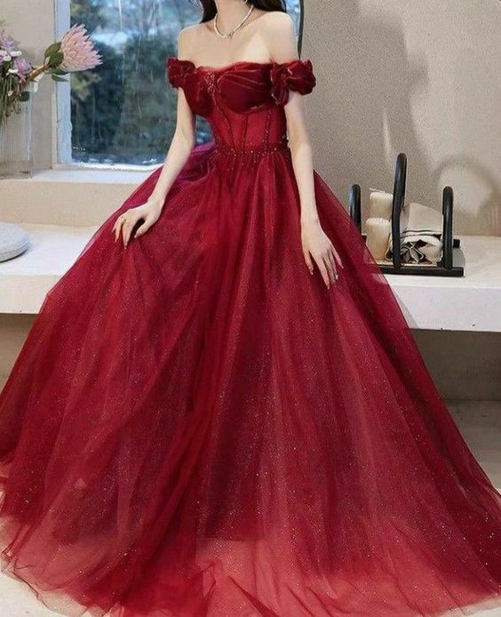 Burgundy Tulle Prom Gown Evening Dress     S875