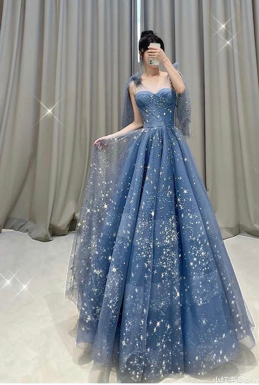 Blue Tulle Prom Gown Evening Dress Long Prom Dress    S883