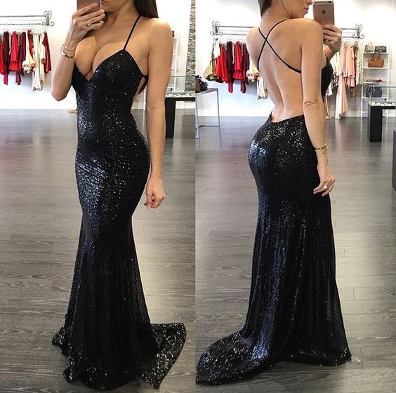 Spaghetti Strap Black Long Evening dresses    S1572