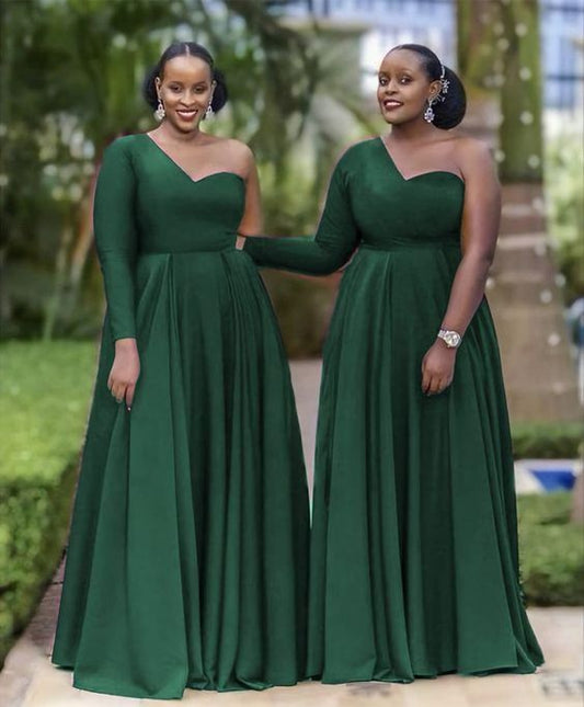 Prom Dresses, Dark Green Bridesmaid Dresses, One Shoulder Floor Length Gowns   S1733