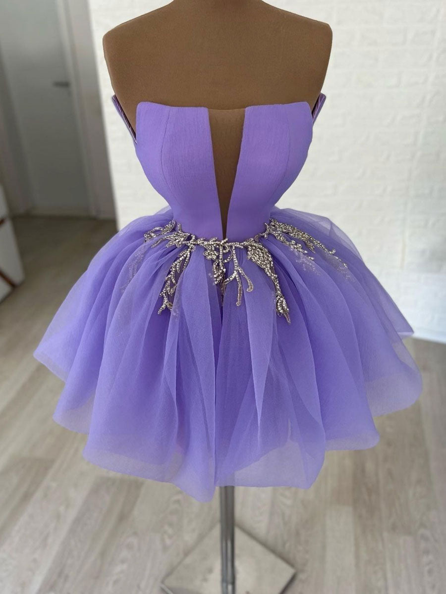 Cute purple tulle short prom dress, purple homecoming dress    S2034