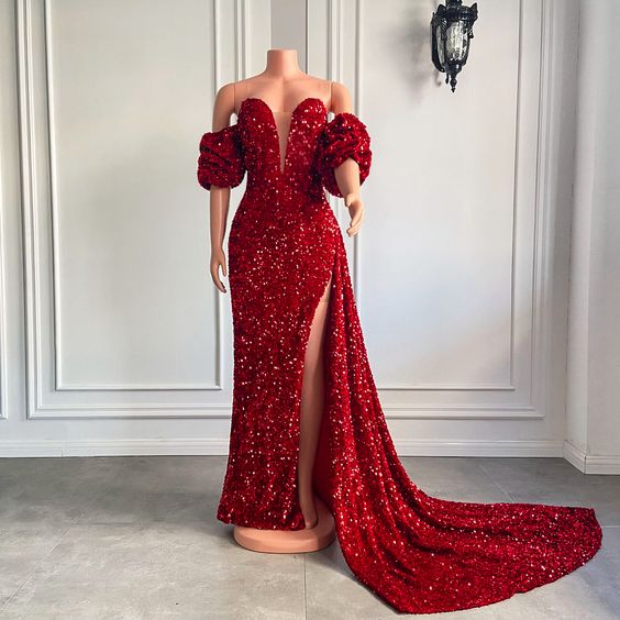 Long Red Prom Dresses 2023 Off The Shoulder Sexy High Slit Sequined African Black Girls Real Prom Gala Gowns With Side Train   S1799