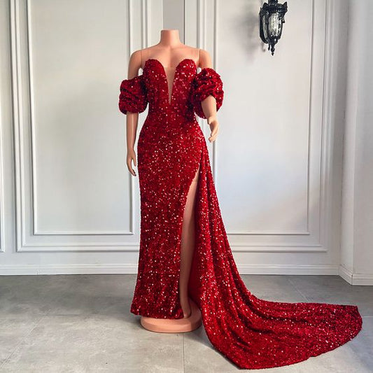 Long Red Prom Dresses 2023 Off The Shoulder Sexy High Slit Sequined African Black Girls Real Prom Gala Gowns With Side Train   S1799