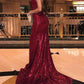 Mermaid V Neck Ruffle Backless Side Split Sleeveless Red Sequined Prom Dress    S1568