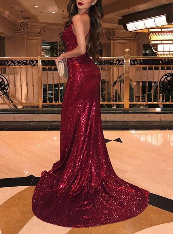 Mermaid V Neck Ruffle Backless Side Split Sleeveless Red Sequined Prom Dress    S1568