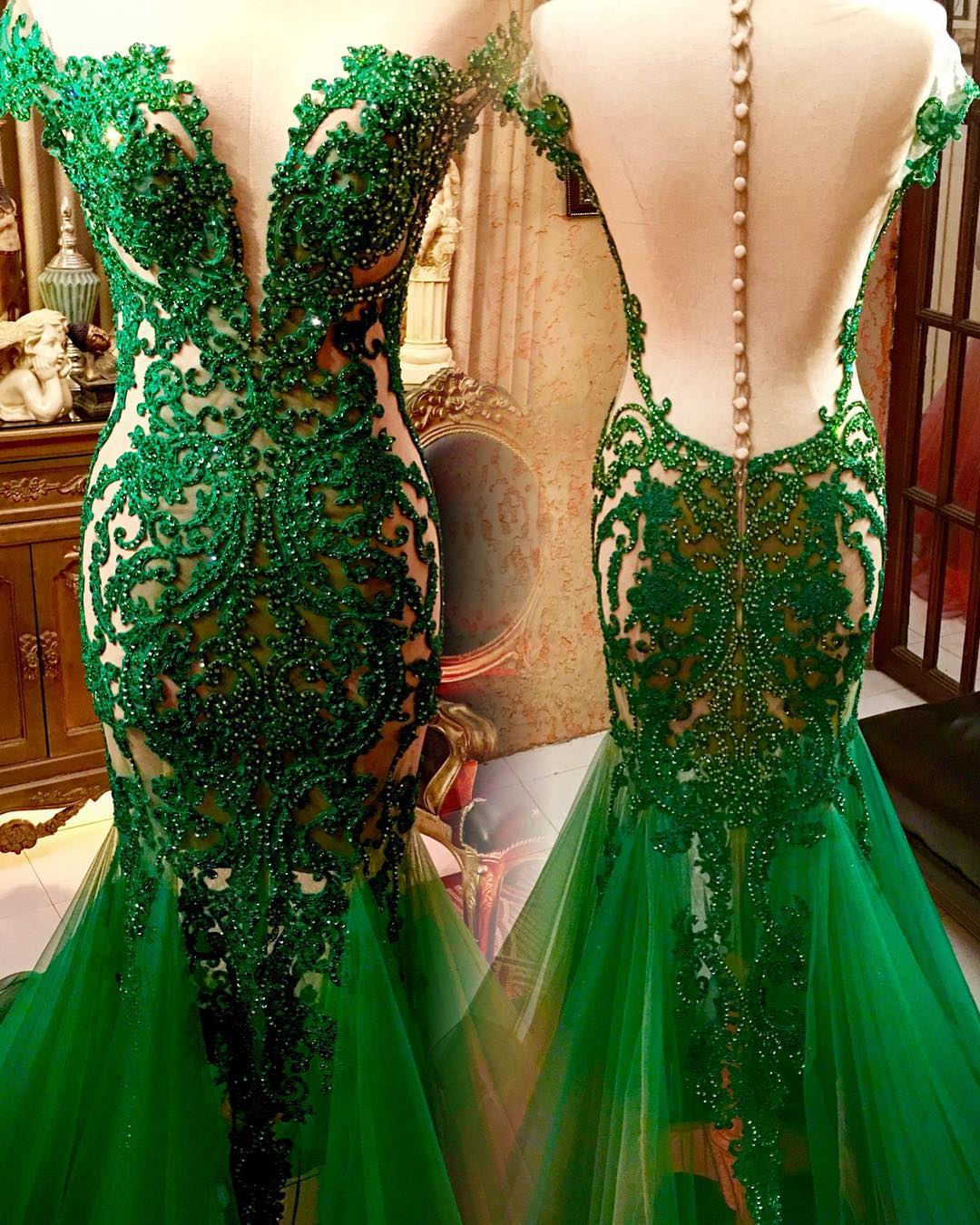 Illusion Back Green Mermaid Prom Dress with Beading      S2139